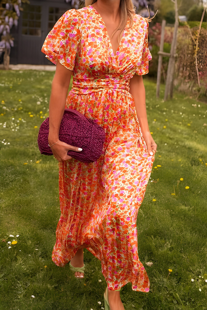 Floral Maxi Dress with Short Sleeves and V-Neck – Elegant Summer Long Dress for Women 1