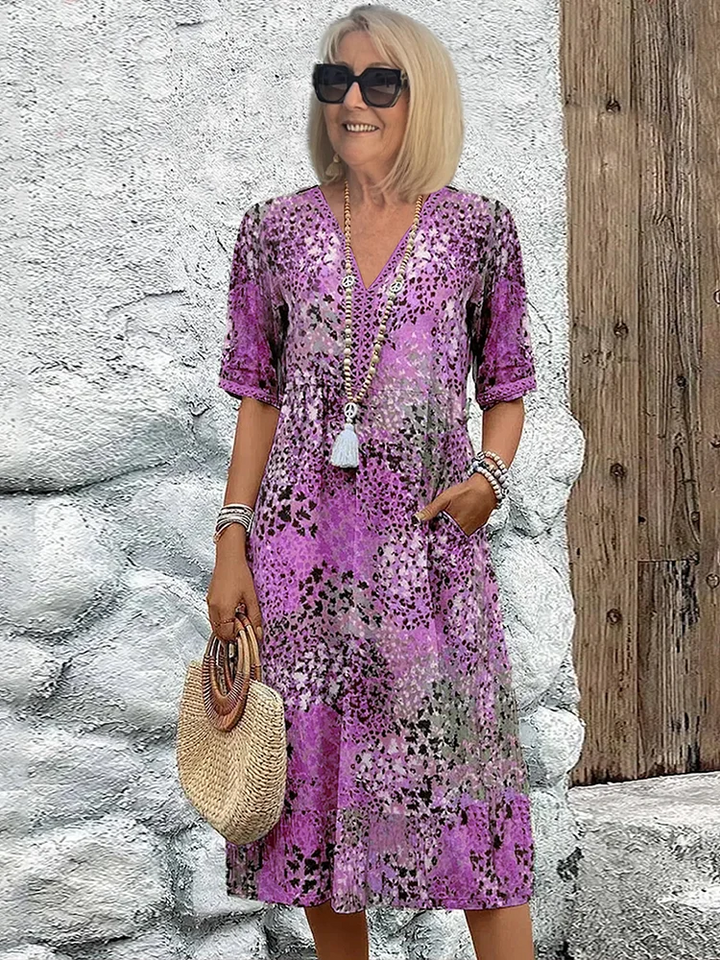 Knee-Length Summer Dress with V-Neck and Floral Pattern – Soft Fabric and Side Pockets 3