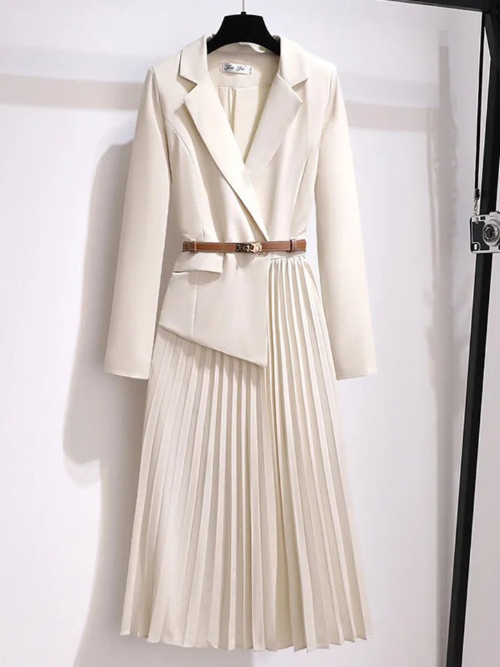 Long Sleeve Midi Dress featuring a Blazer Style Bodice and a Pleated Skirt, showcasing an elegant lightweight design perfect for formal occasions. 1