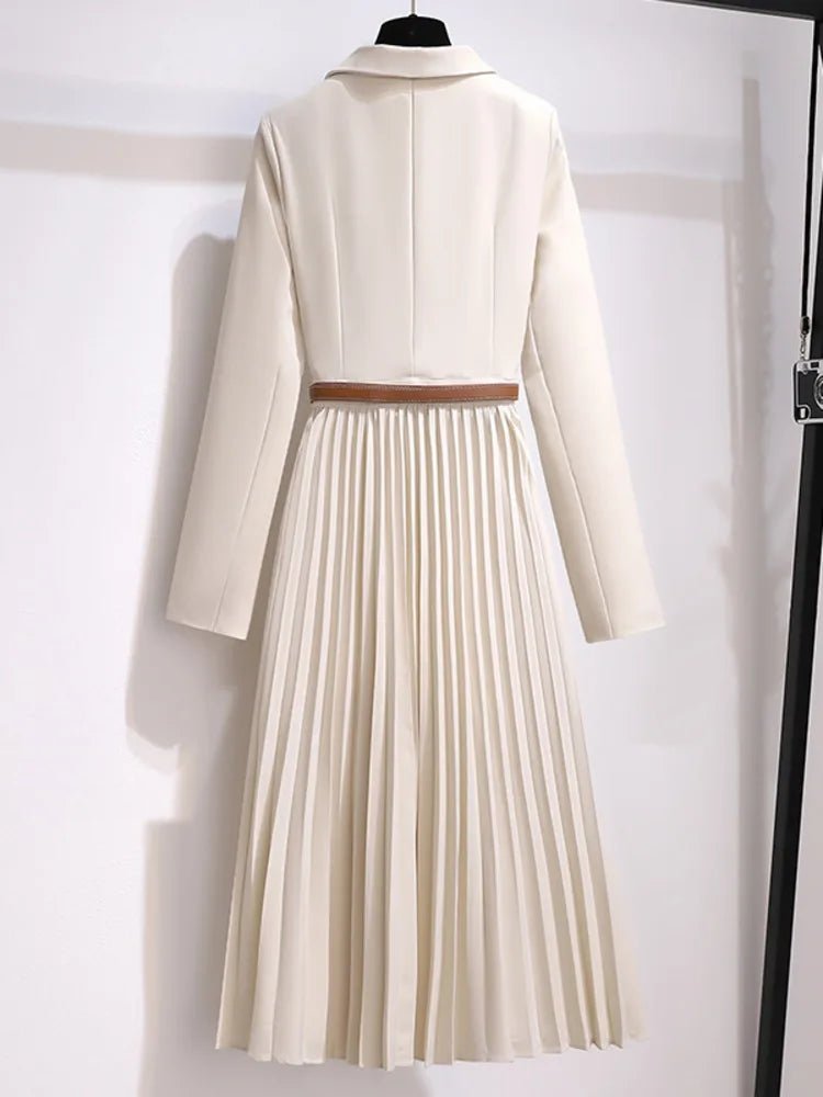 Long Sleeve Midi Dress featuring a Blazer Style Bodice and a Pleated Skirt, showcasing an elegant lightweight design perfect for formal occasions. 2