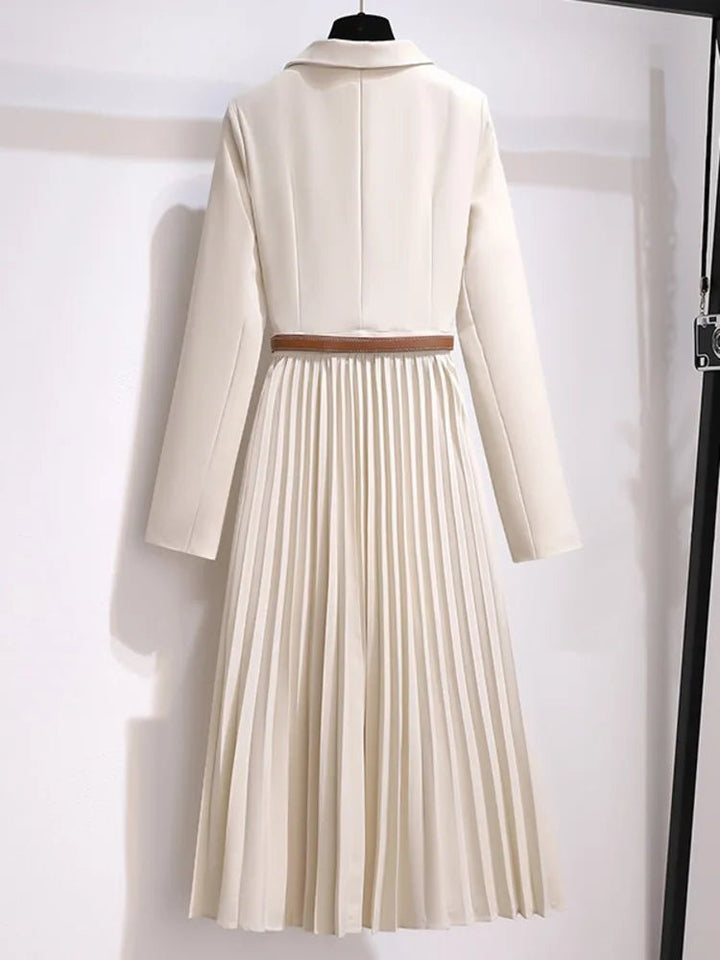 Long Sleeve Midi Dress featuring a Blazer Style Bodice and a Pleated Skirt, showcasing an elegant lightweight design perfect for formal occasions. 2