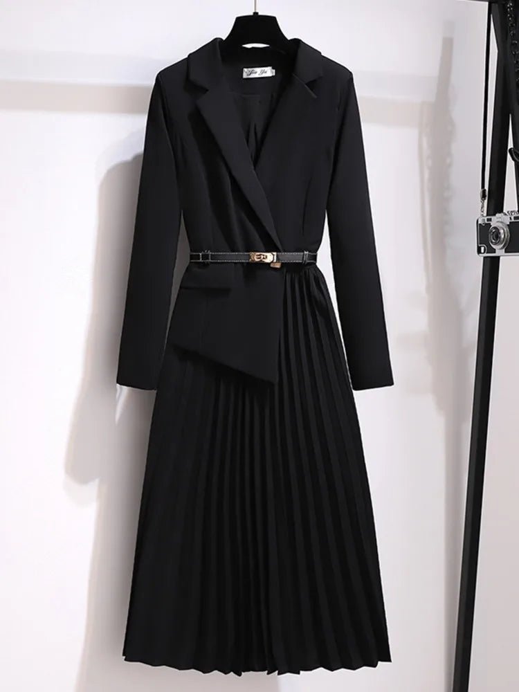 Long Sleeve Midi Dress featuring a Blazer Style Bodice and a Pleated Skirt, showcasing an elegant lightweight design perfect for formal occasions. 3