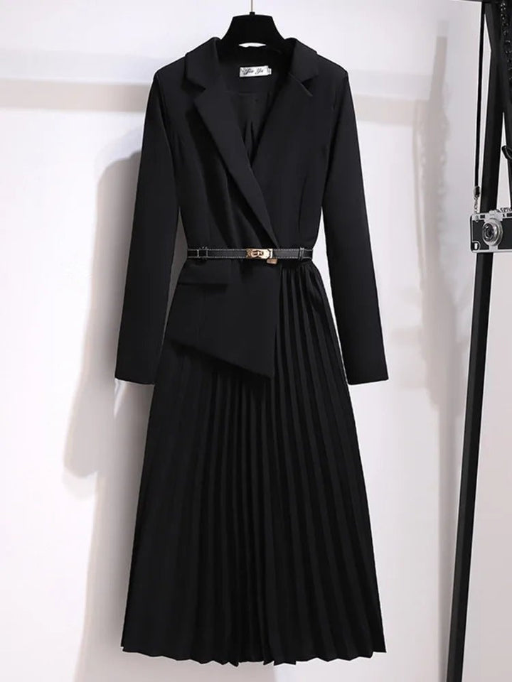 Long Sleeve Midi Dress featuring a Blazer Style Bodice and a Pleated Skirt, showcasing an elegant lightweight design perfect for formal occasions. 3