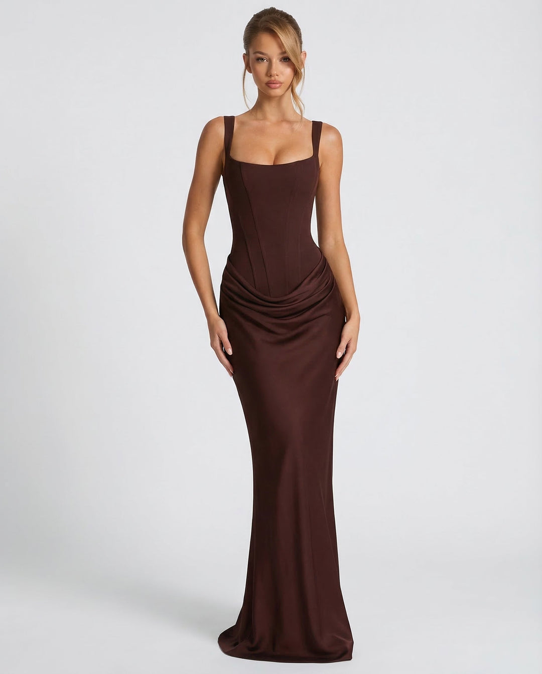 Maxi Dress with Corset Design and Draped Hips – Elegant Square Neck Long Dress for Women 0