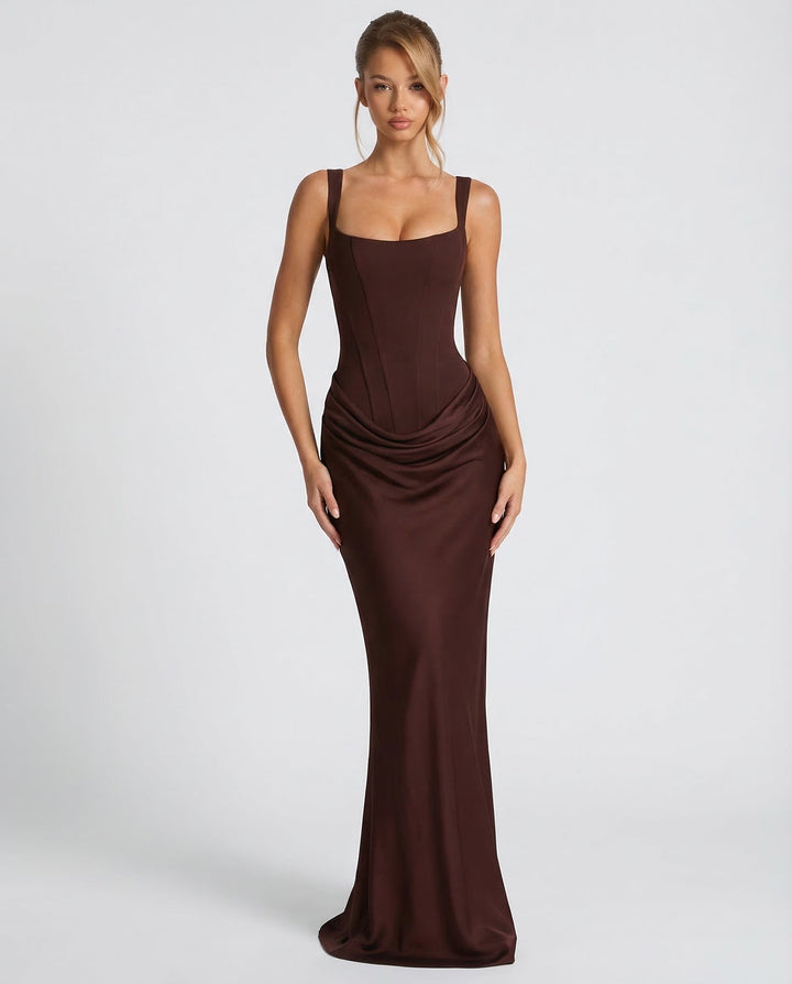 Maxi Dress with Corset Design and Draped Hips – Elegant Square Neck Long Dress for Women 0