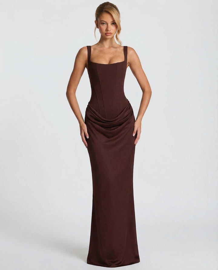 Maxi Dress with Corset Design and Draped Hips – Elegant Square Neck Long Dress for Women 1