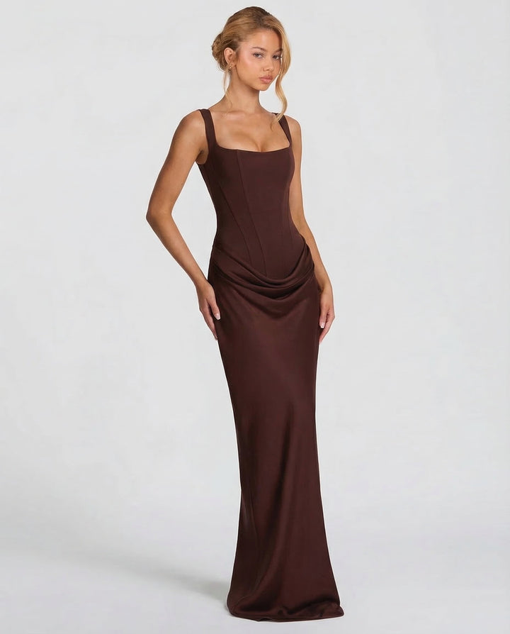 Maxi Dress with Corset Design and Draped Hips – Elegant Square Neck Long Dress for Women 3