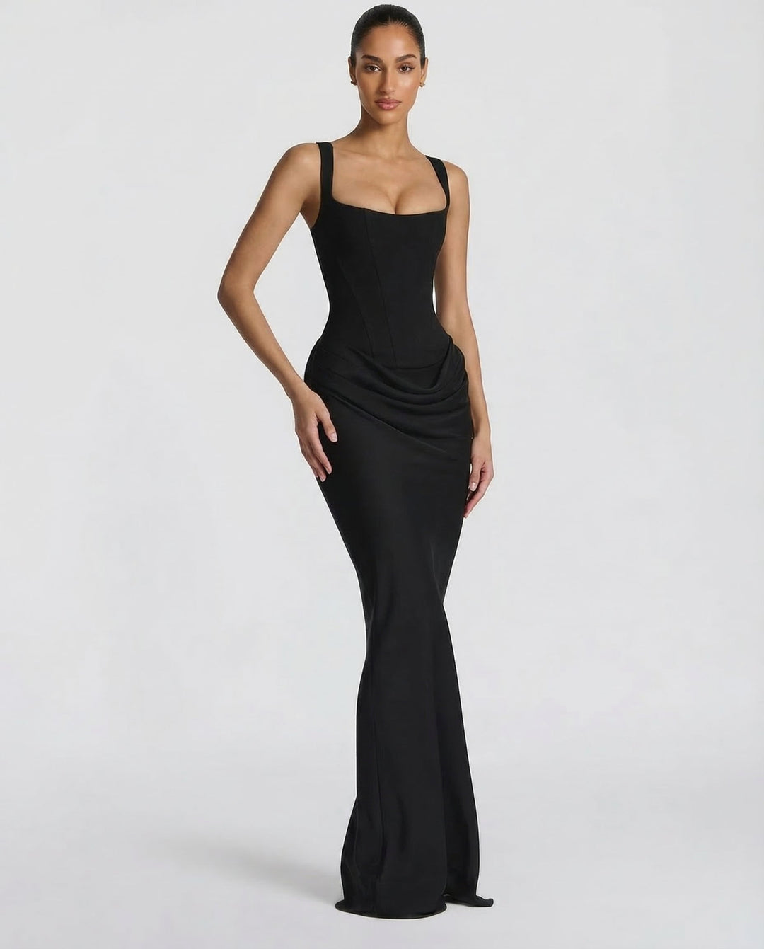 Maxi Dress with Corset Design and Draped Hips – Elegant Square Neck Long Dress for Women 4