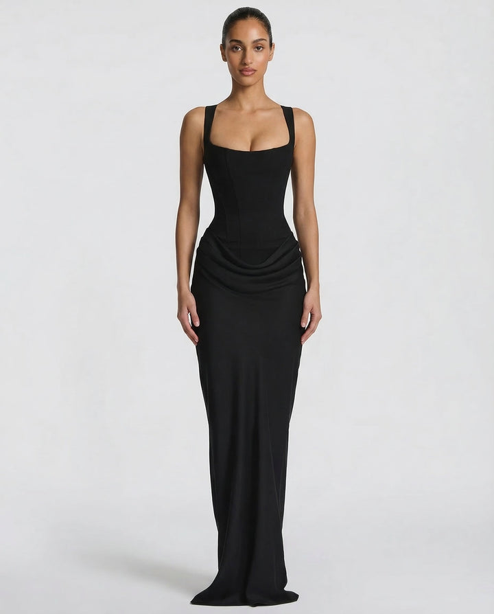 Maxi Dress with Corset Design and Draped Hips – Elegant Square Neck Long Dress for Women 5