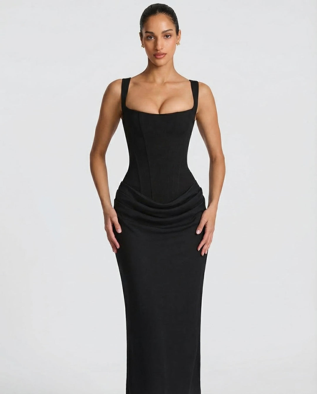 Maxi Dress with Corset Design and Draped Hips – Elegant Square Neck Long Dress for Women 7