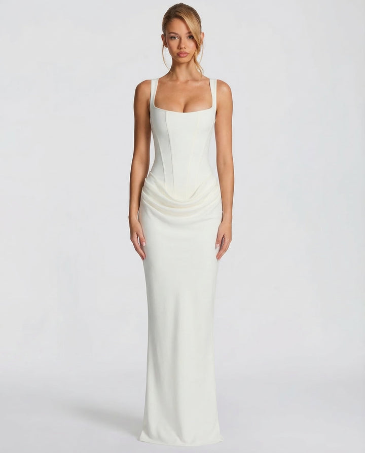 Maxi Dress with Corset Design and Draped Hips – Elegant Square Neck Long Dress for Women 8