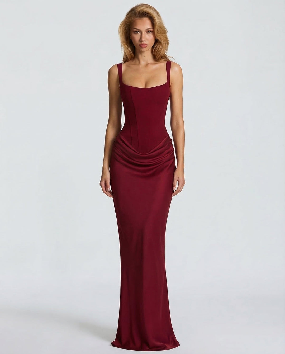 Maxi Dress with Corset Design and Draped Hips – Elegant Square Neck Long Dress for Women 9