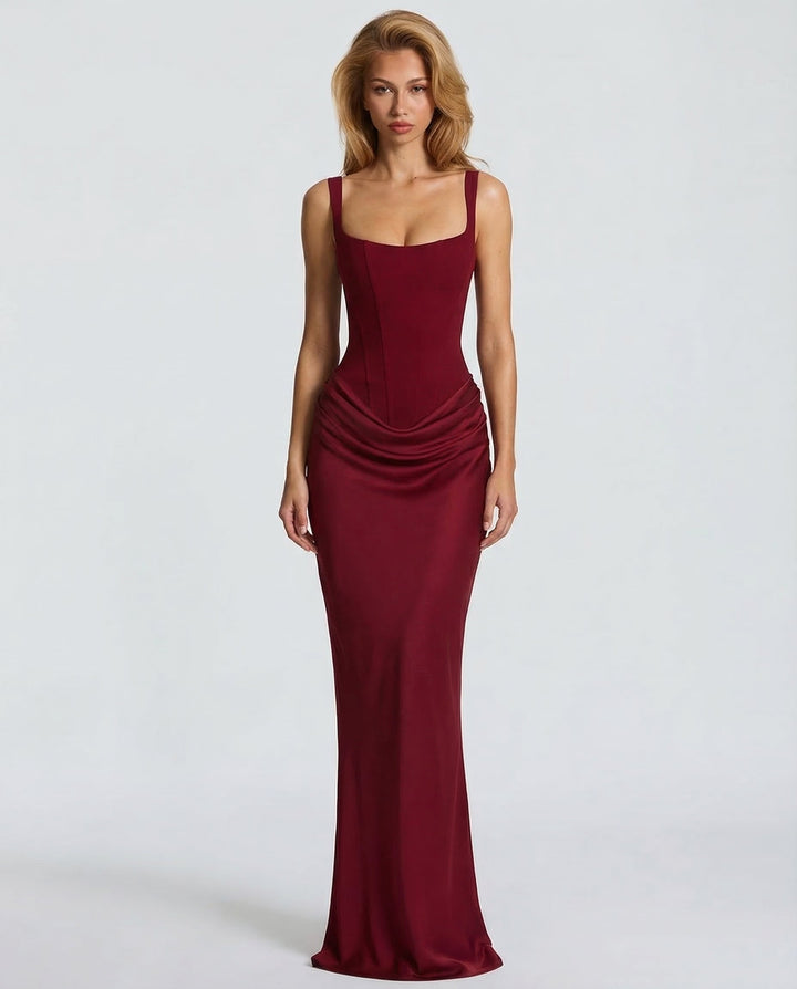 Maxi Dress with Corset Design and Draped Hips – Elegant Square Neck Long Dress for Women 9