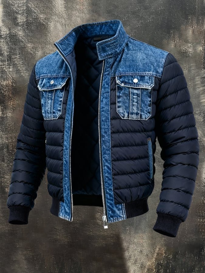 Men's Denim Puffer Jacket featuring thermal insulation, quilted bomber style, perfect for stylish warmth and comfort in cold weather. 0