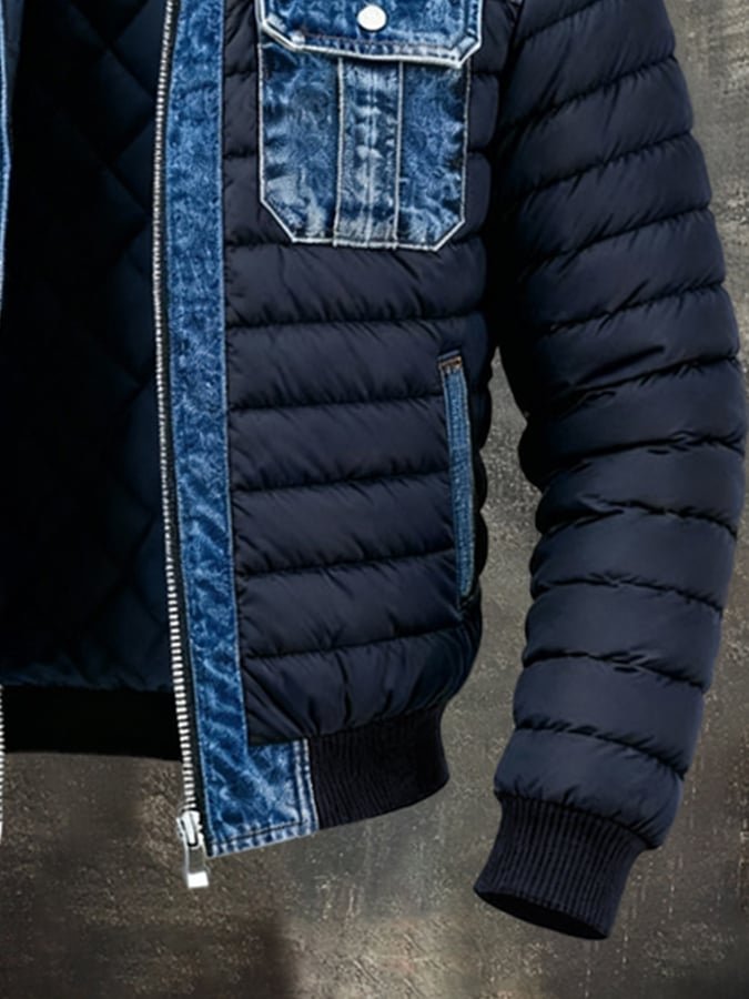 Men's Denim Puffer Jacket featuring thermal insulation, quilted bomber style, perfect for stylish warmth and comfort in cold weather. 1