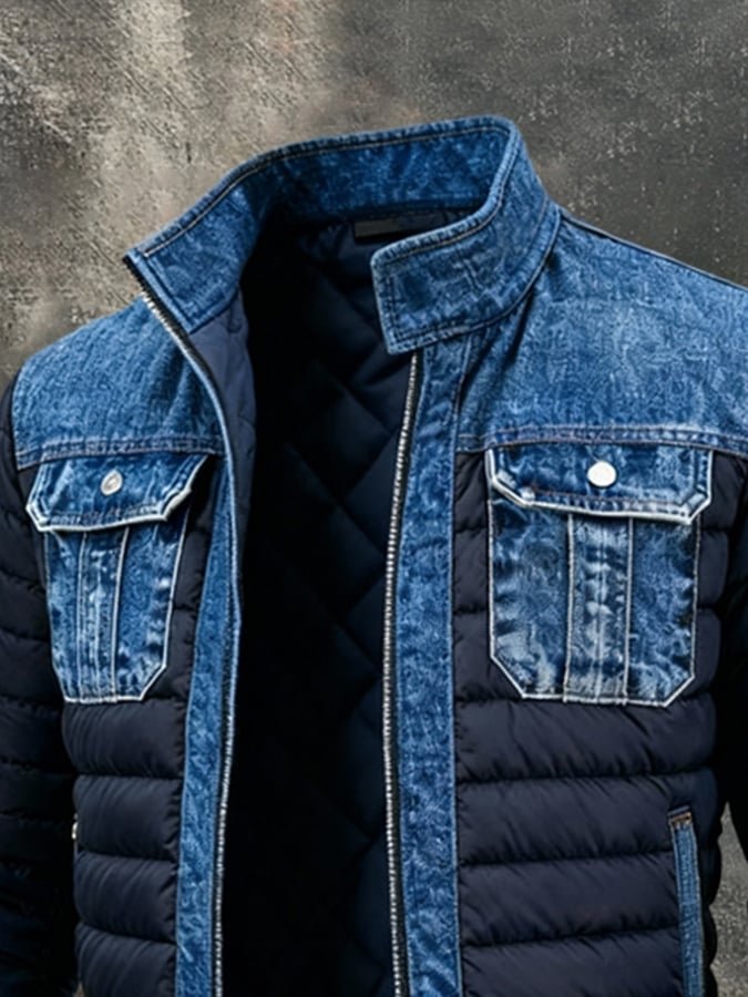 Men's Denim Puffer Jacket featuring thermal insulation, quilted bomber style, perfect for stylish warmth and comfort in cold weather. 2