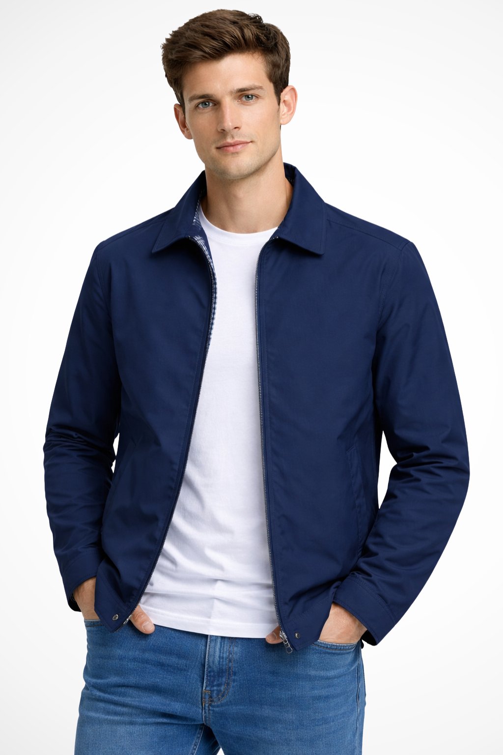 Men's Harrington jacket featuring a zip front and check lining, perfect for classic style and versatile layering in any season. 0