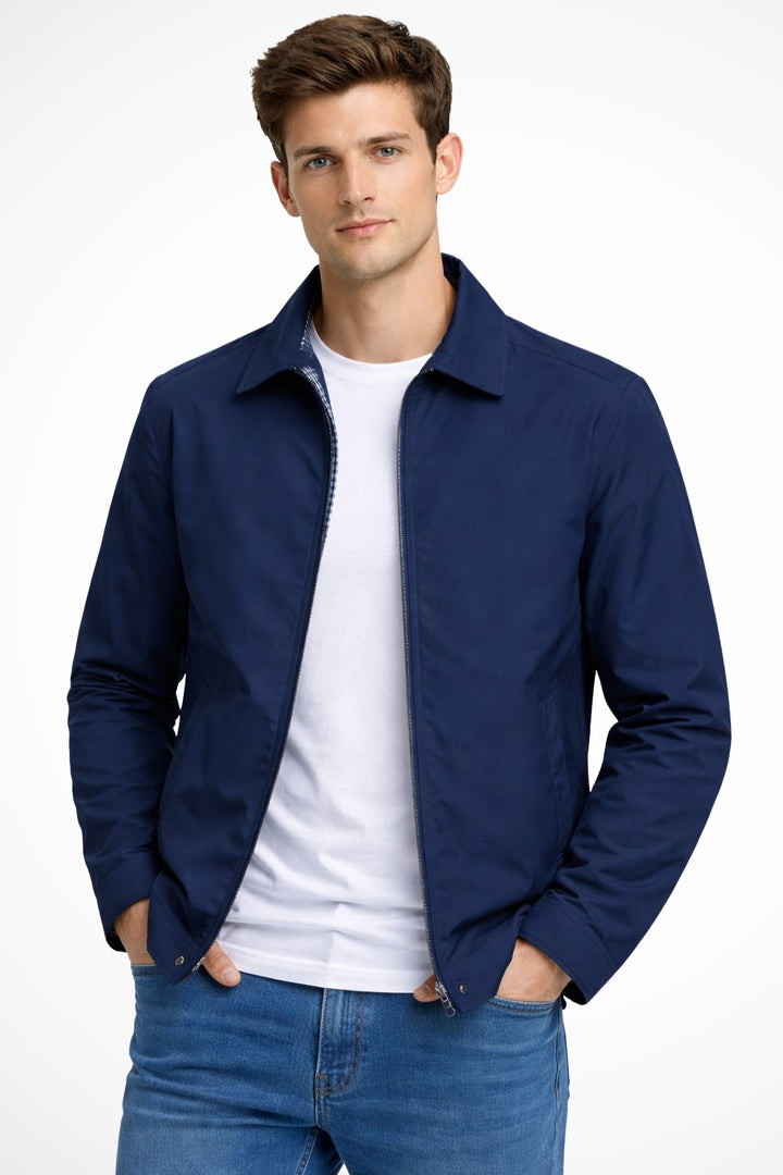 Men's Harrington jacket featuring a zip front and check lining, perfect for classic style and versatile layering in any season. 0