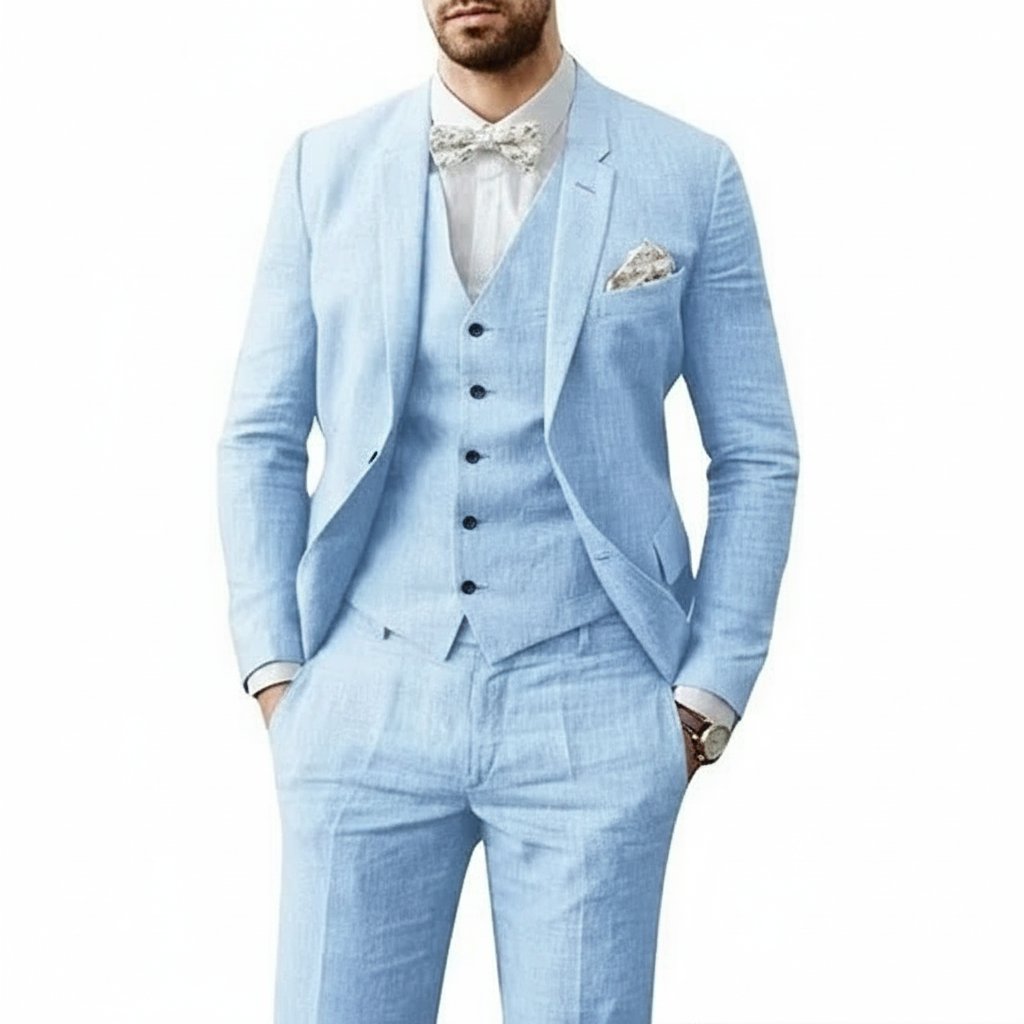 Men's 3-piece linen suit set featuring a tailored fit, ideal for summer weddings, available in multiple colors for a breathable and stylish formal look. 0