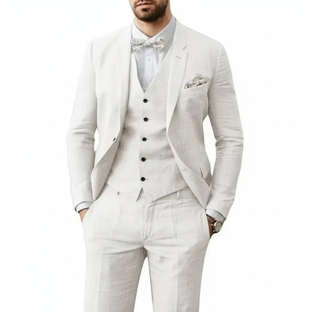 Men's 3-piece linen suit set featuring a tailored fit, ideal for summer weddings, available in multiple colors for a breathable and stylish formal look. 1