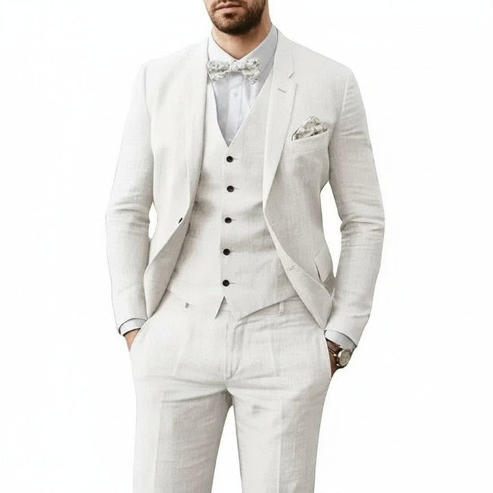 Men's 3-piece linen suit set featuring a tailored fit, ideal for summer weddings, available in multiple colors for a breathable and stylish formal look. 1