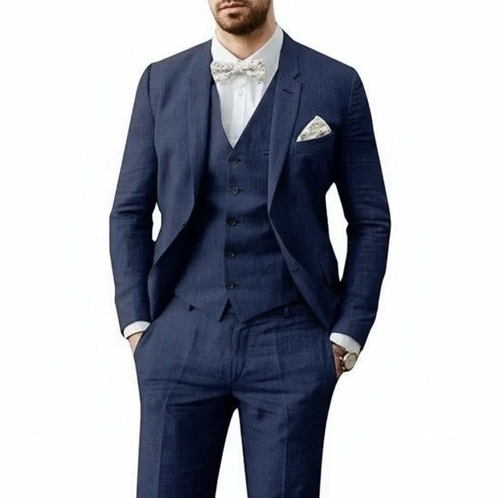 Men's 3-piece linen suit set featuring a tailored fit, ideal for summer weddings, available in multiple colors for a breathable and stylish formal look. 2