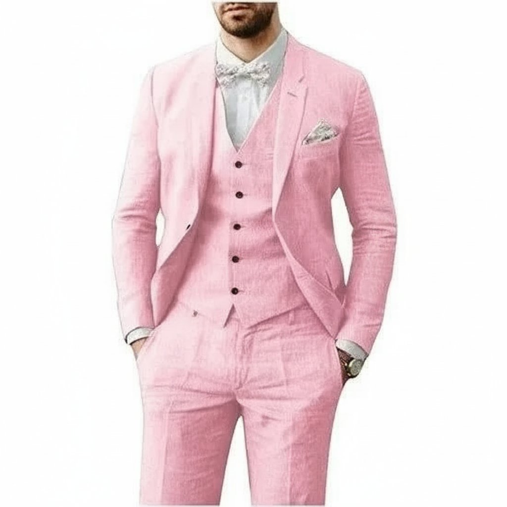 Men's 3-piece linen suit set featuring a tailored fit, ideal for summer weddings, available in multiple colors for a breathable and stylish formal look. 3