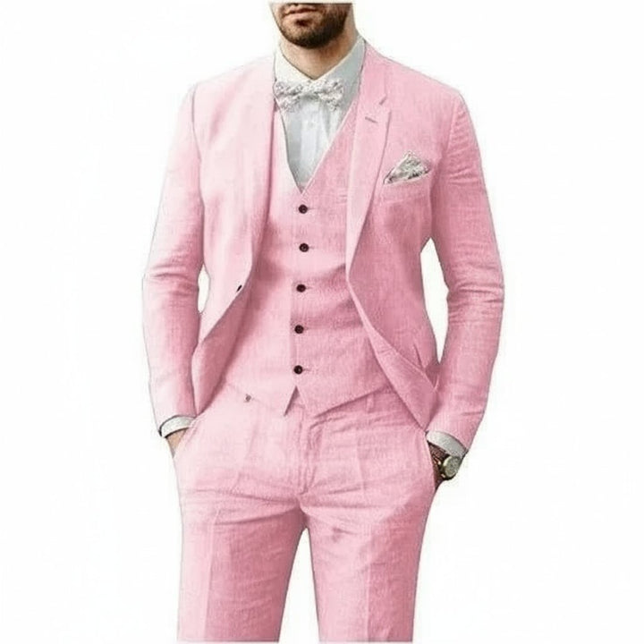 Men's 3-piece linen suit set featuring a tailored fit, ideal for summer weddings, available in multiple colors for a breathable and stylish formal look. 3