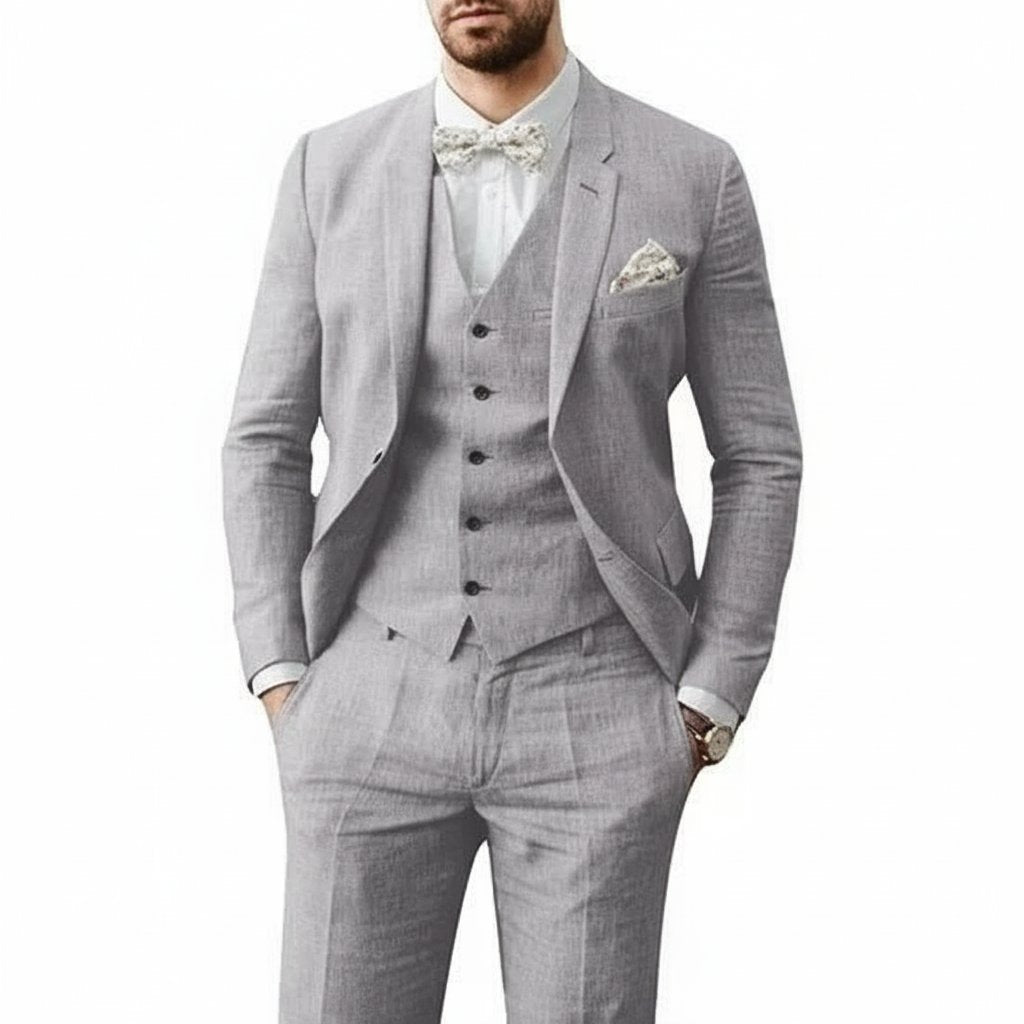 Men's 3-piece linen suit set featuring a tailored fit, ideal for summer weddings, available in multiple colors for a breathable and stylish formal look. 4