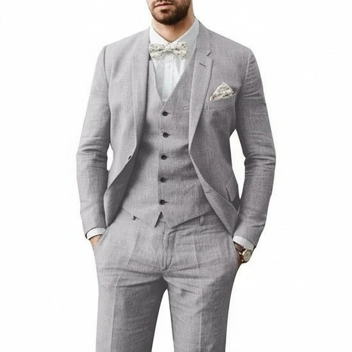 Men's 3-piece linen suit set featuring a tailored fit, ideal for summer weddings, available in multiple colors for a breathable and stylish formal look. 4