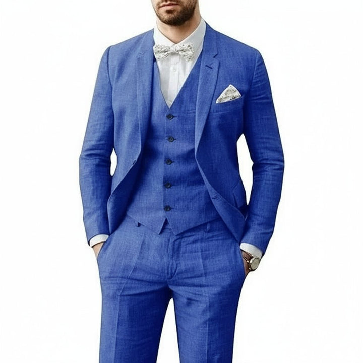 Men's 3-piece linen suit set featuring a tailored fit, ideal for summer weddings, available in multiple colors for a breathable and stylish formal look. 5