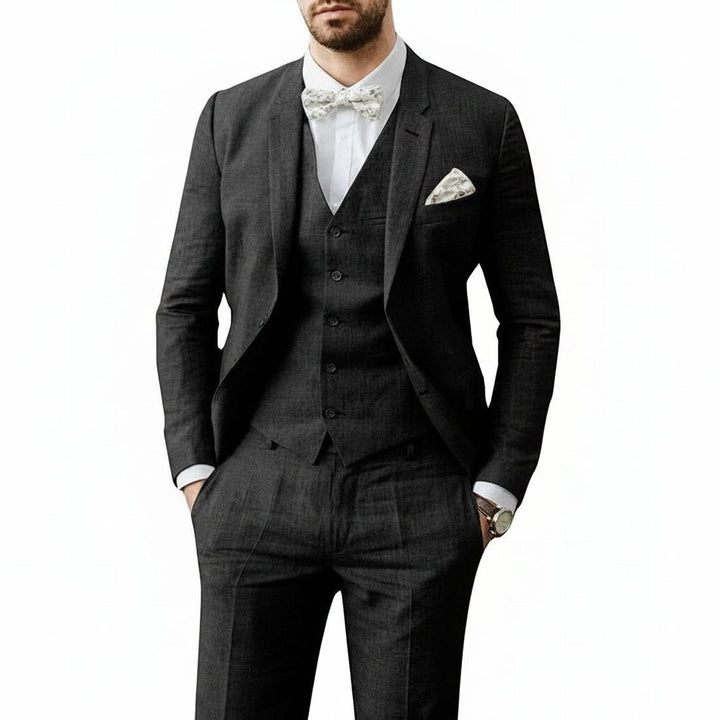 Men's 3-piece linen suit set featuring a tailored fit, ideal for summer weddings, available in multiple colors for a breathable and stylish formal look. 6