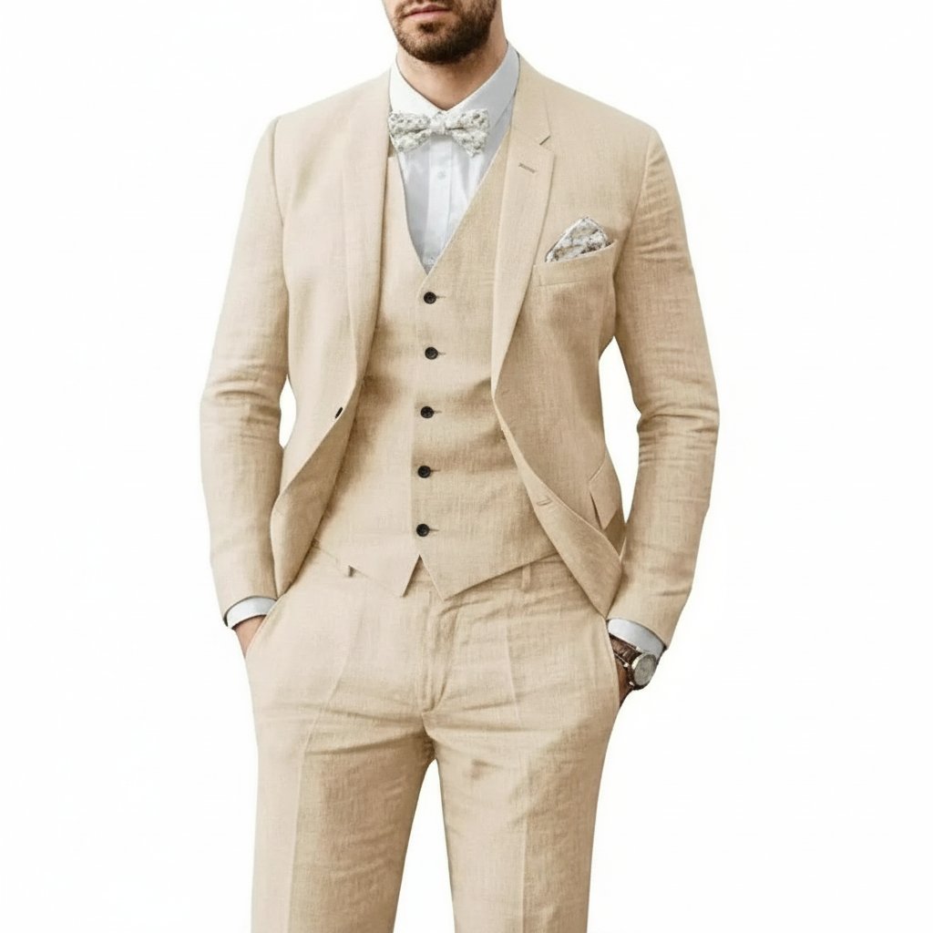 Men's 3-piece linen suit set featuring a tailored fit, ideal for summer weddings, available in multiple colors for a breathable and stylish formal look. 7
