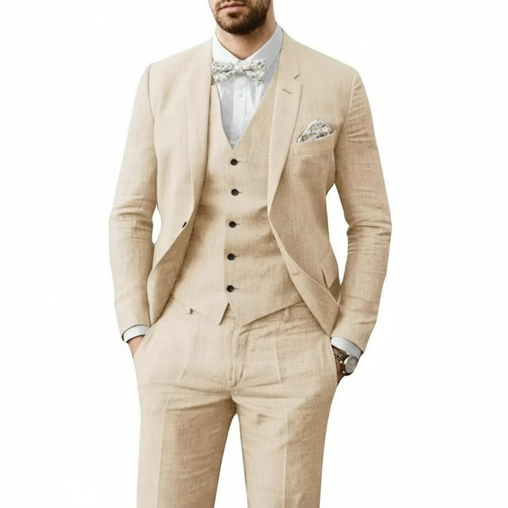 Men's 3-piece linen suit set featuring a tailored fit, ideal for summer weddings, available in multiple colors for a breathable and stylish formal look. 7