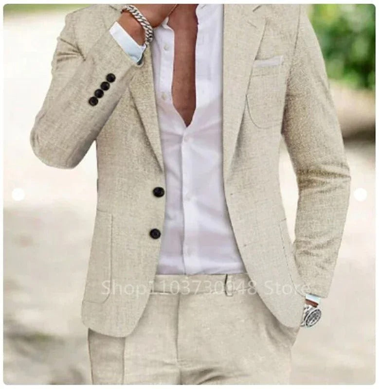 Men's Linen Suit Two-Piece Set featuring a lightweight summer blazer and matching pants, perfect for warm weather occasions and stylish casual wear. 0