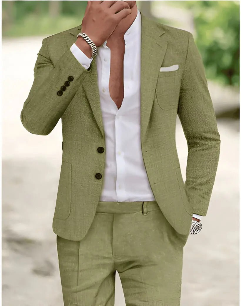 Men's Linen Suit Two-Piece Set featuring a lightweight summer blazer and matching pants, perfect for warm weather occasions and stylish casual wear. 1