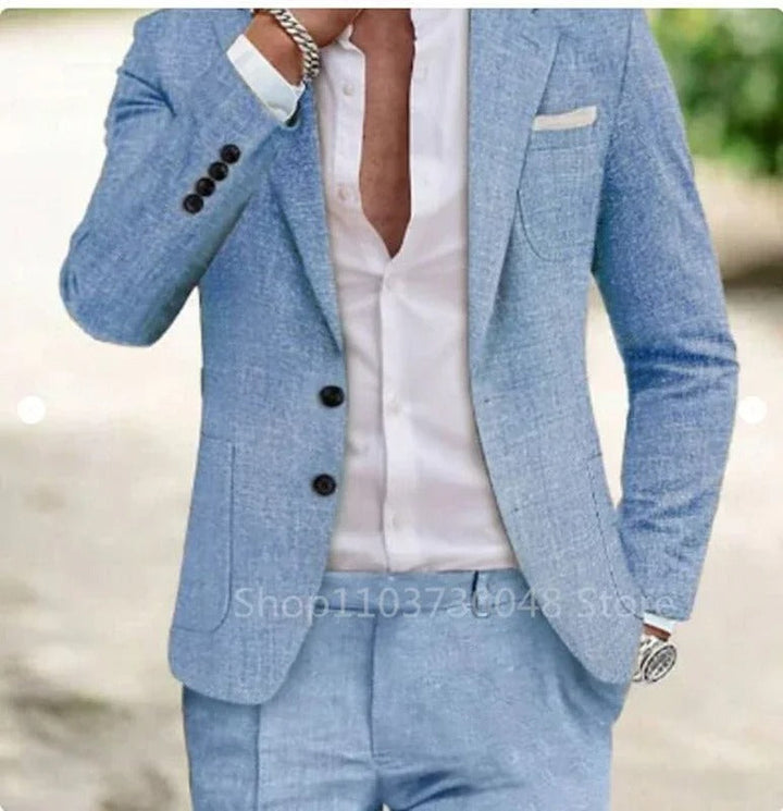 Men's Linen Suit Two-Piece Set featuring a lightweight summer blazer and matching pants, perfect for warm weather occasions and stylish casual wear. 3