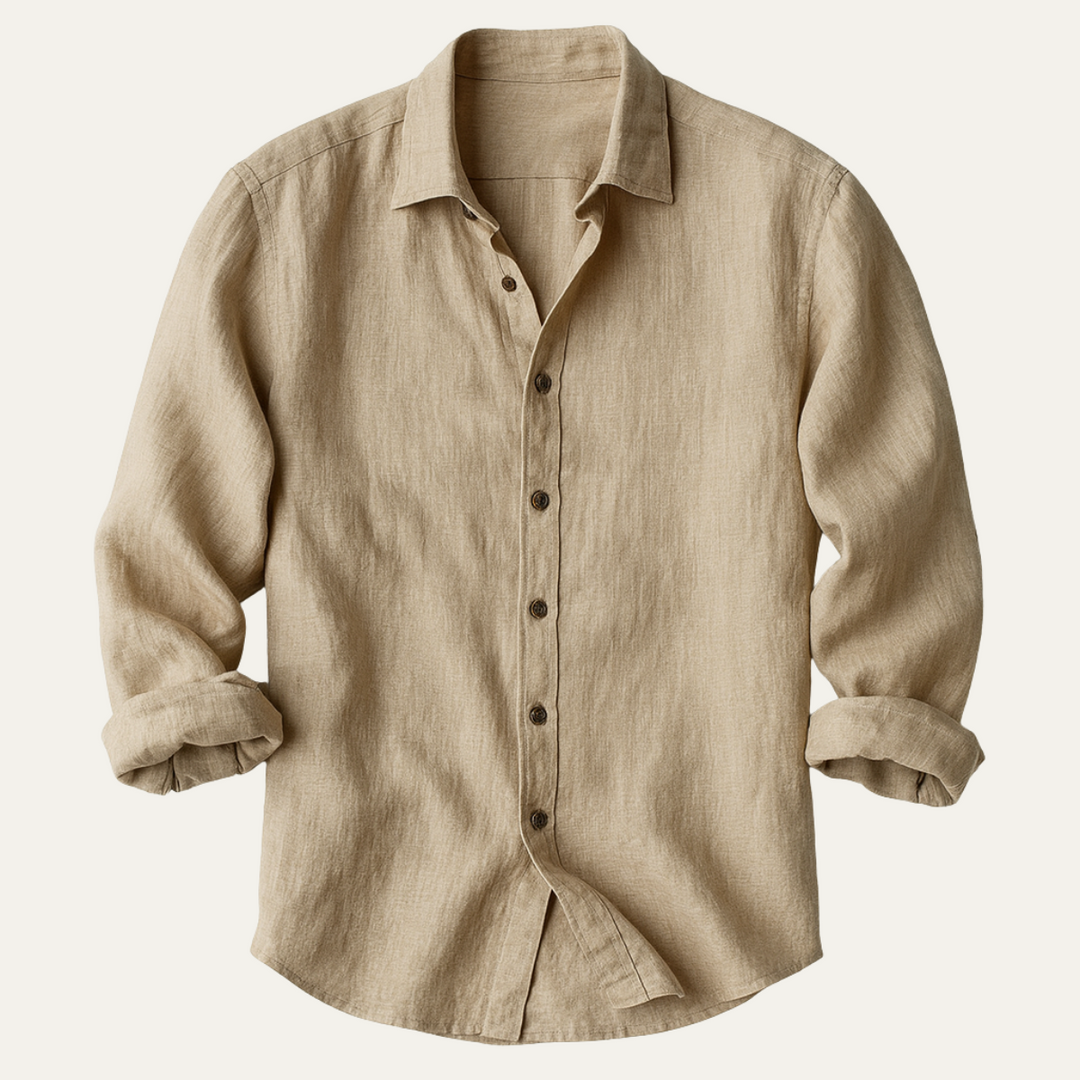 Men's Long Sleeve Linen Shirt for Warm Weather – Breathable Vintage Blue/White Relaxed Fit 0