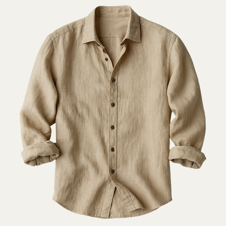 Men's Long Sleeve Linen Shirt for Warm Weather – Breathable Vintage Blue/White Relaxed Fit 0