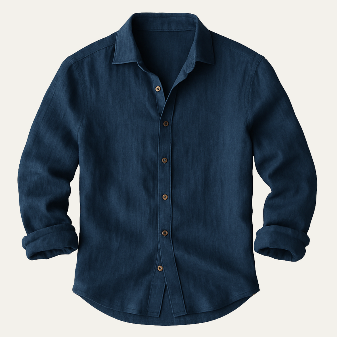 Men's Long Sleeve Linen Shirt for Warm Weather – Breathable Vintage Blue/White Relaxed Fit 2
