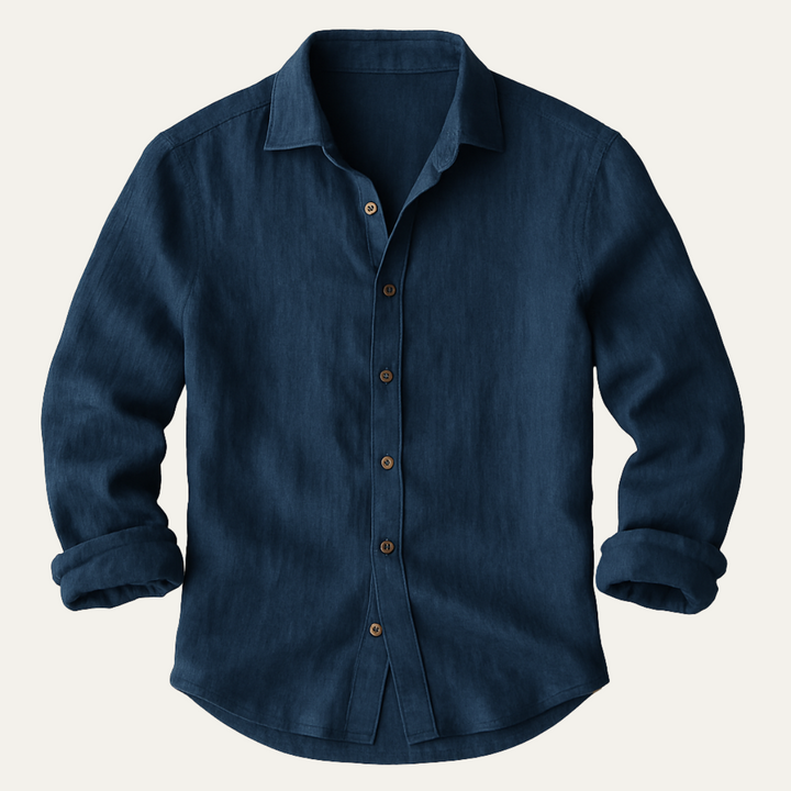 Men's Long Sleeve Linen Shirt for Warm Weather – Breathable Vintage Blue/White Relaxed Fit 2