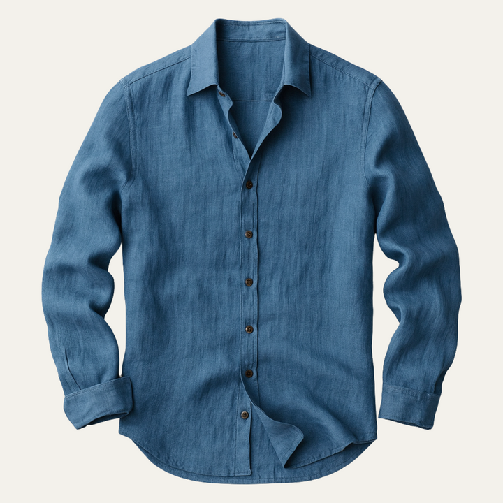 Men's Long Sleeve Linen Shirt for Warm Weather – Breathable Vintage Blue/White Relaxed Fit 4