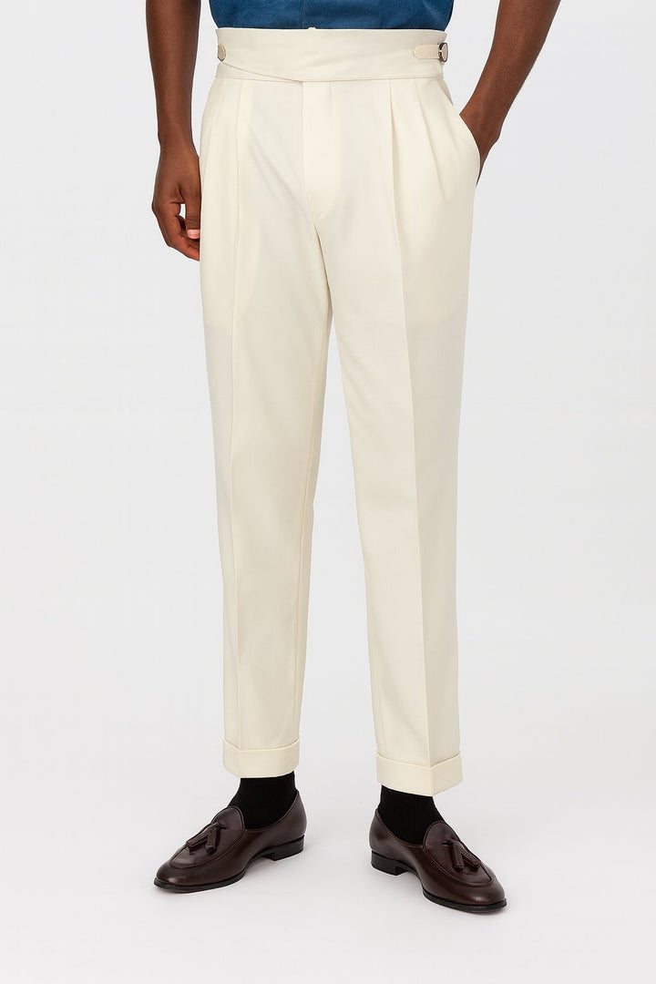 Men's high-waisted straight-leg pants featuring a comfortable drawstring waist and practical side pockets, made from a soft cotton blend. 0