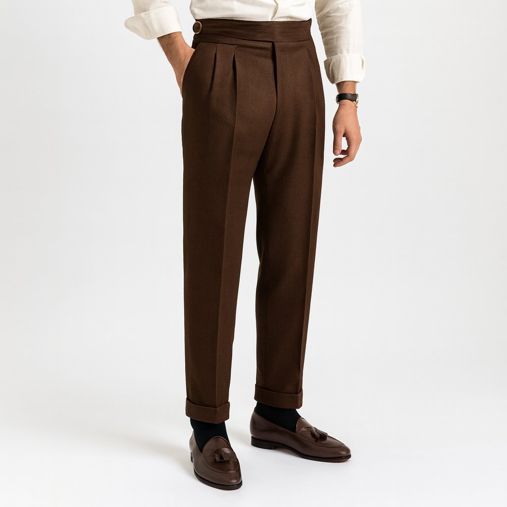 Men's high-waisted straight-leg pants featuring a comfortable drawstring waist and practical side pockets, made from a soft cotton blend. 3