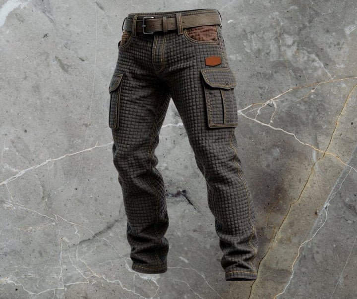 Men's slim fit cargo pants featuring a stylish quilted texture and convenient side pockets, perfect for casual and outdoor wear. 0