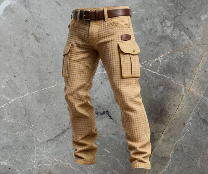 Men's slim fit cargo pants featuring a stylish quilted texture and convenient side pockets, perfect for casual and outdoor wear. 2