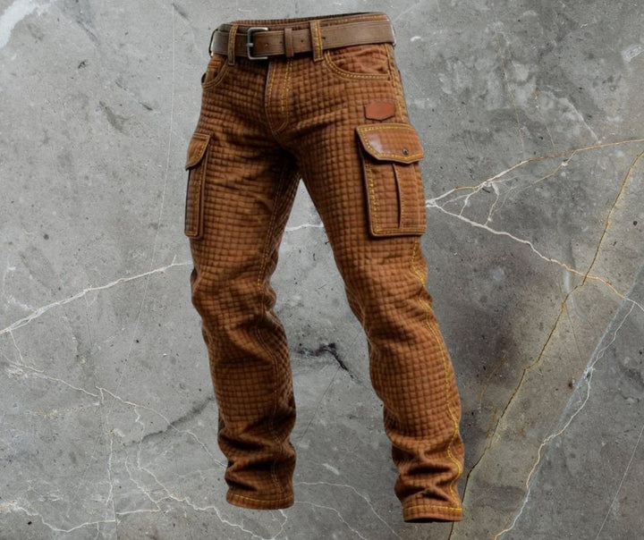 Men's slim fit cargo pants featuring a stylish quilted texture and convenient side pockets, perfect for casual and outdoor wear. 3