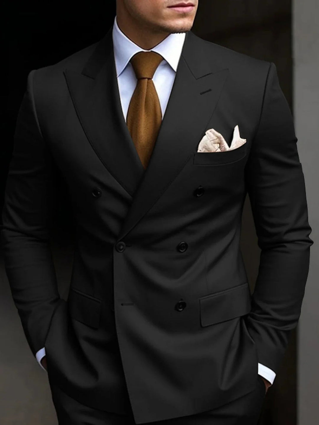 Men's black tailored fit suit featuring a double-breasted six-button closure, crafted from a comfortable cotton blend, presented as a two-piece set. 1