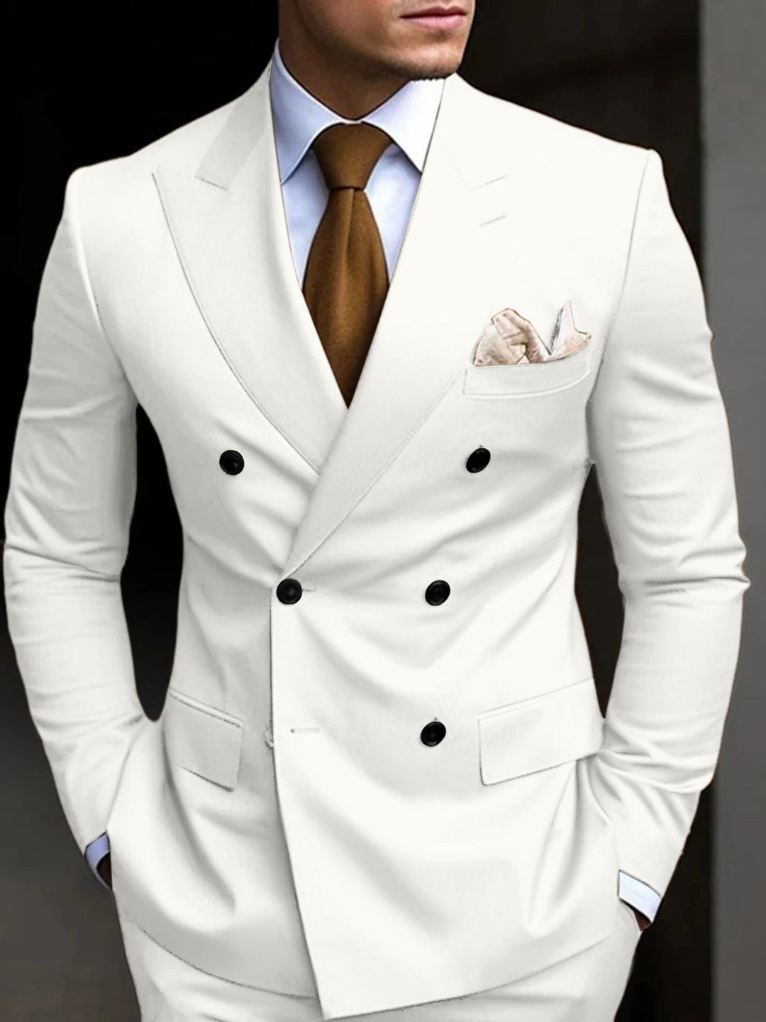Men's black tailored fit suit featuring a double-breasted six-button closure, crafted from a comfortable cotton blend, presented as a two-piece set. 10