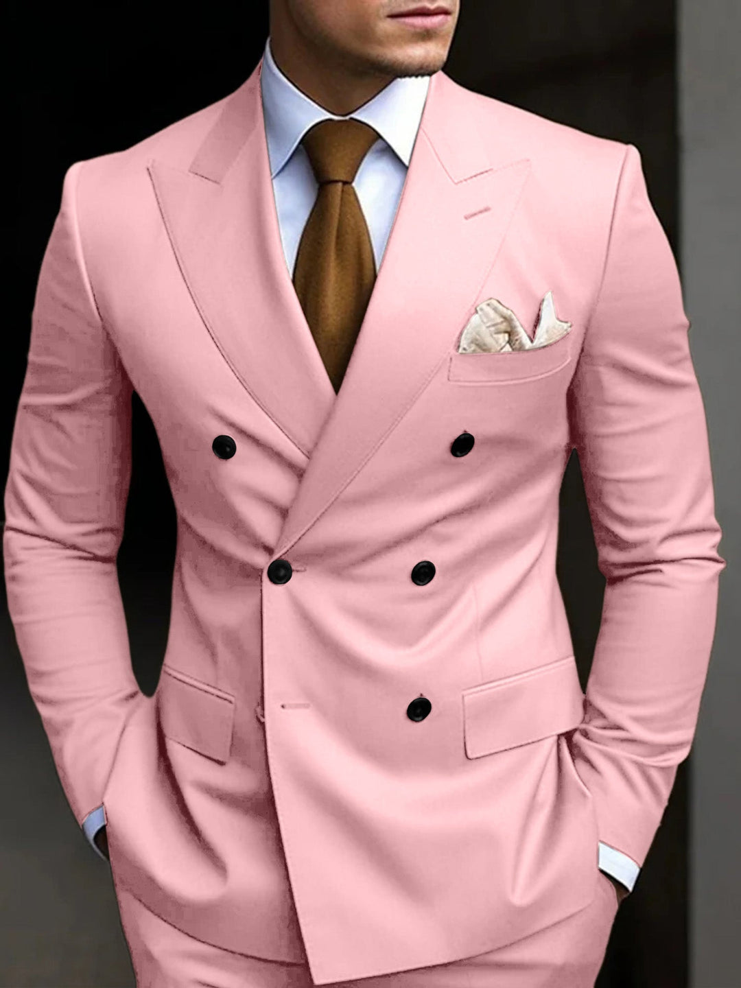 Men's black tailored fit suit featuring a double-breasted six-button closure, crafted from a comfortable cotton blend, presented as a two-piece set. 11